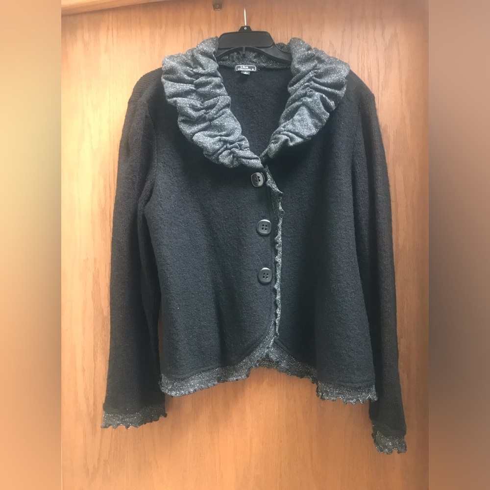 Lisa International Black Sweater with Ruffle Collar with Glitter Threading